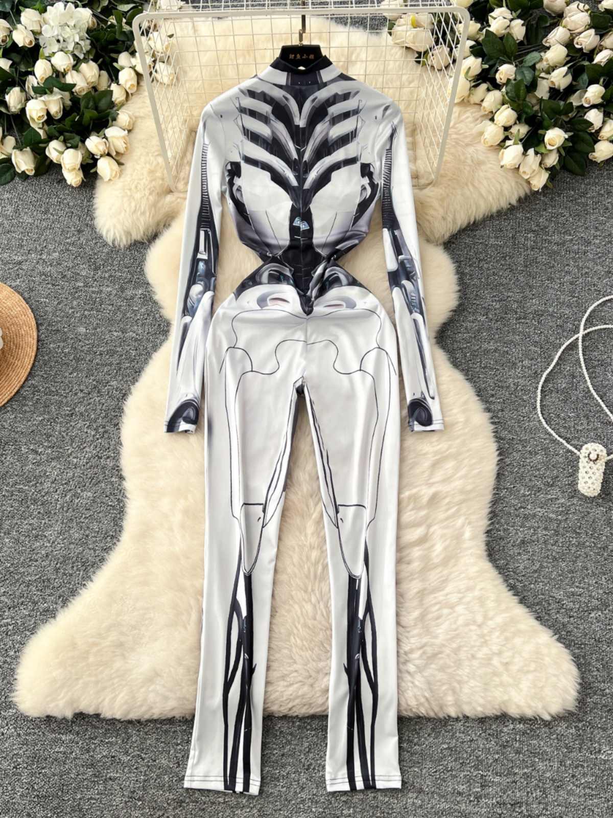 Vintage Fashion Club - Women's Grey Print Jumpsuits Vintage Long