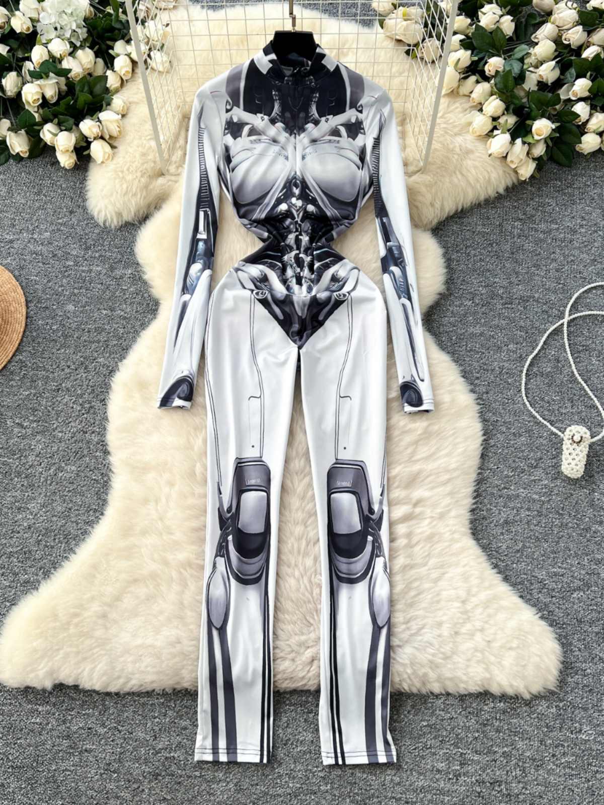 Women's Grey Print Jumpsuits V - Vintage Fashion Club review and price